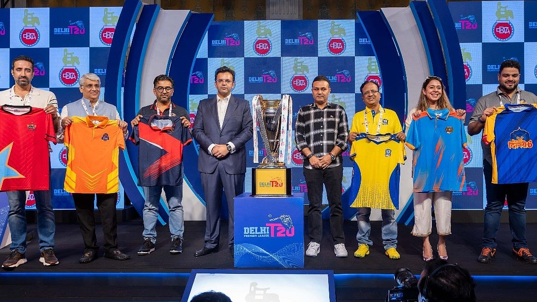 Photo: DPLT20 : Delhi Premier League team owners will their team's respective jerseys. 